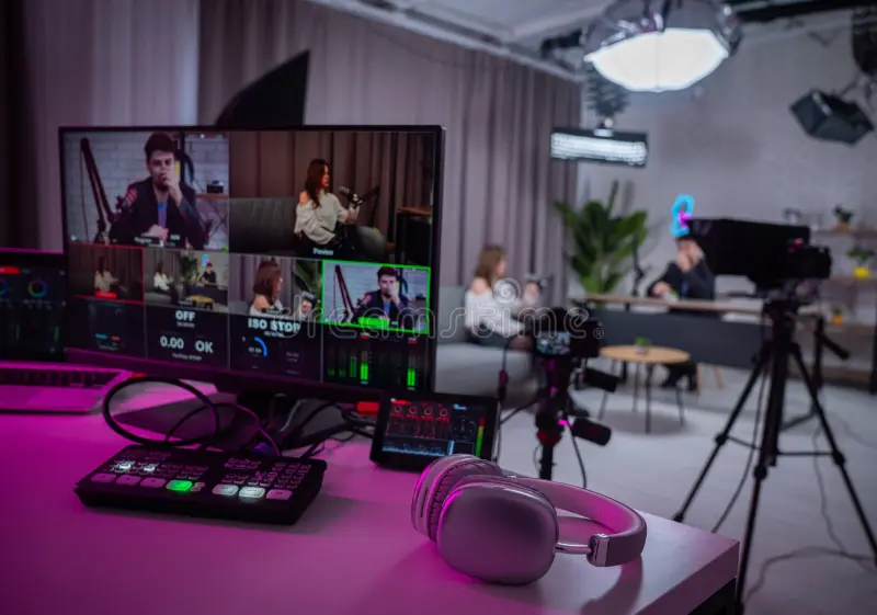 Modern podcast recording studio with professional equipment
